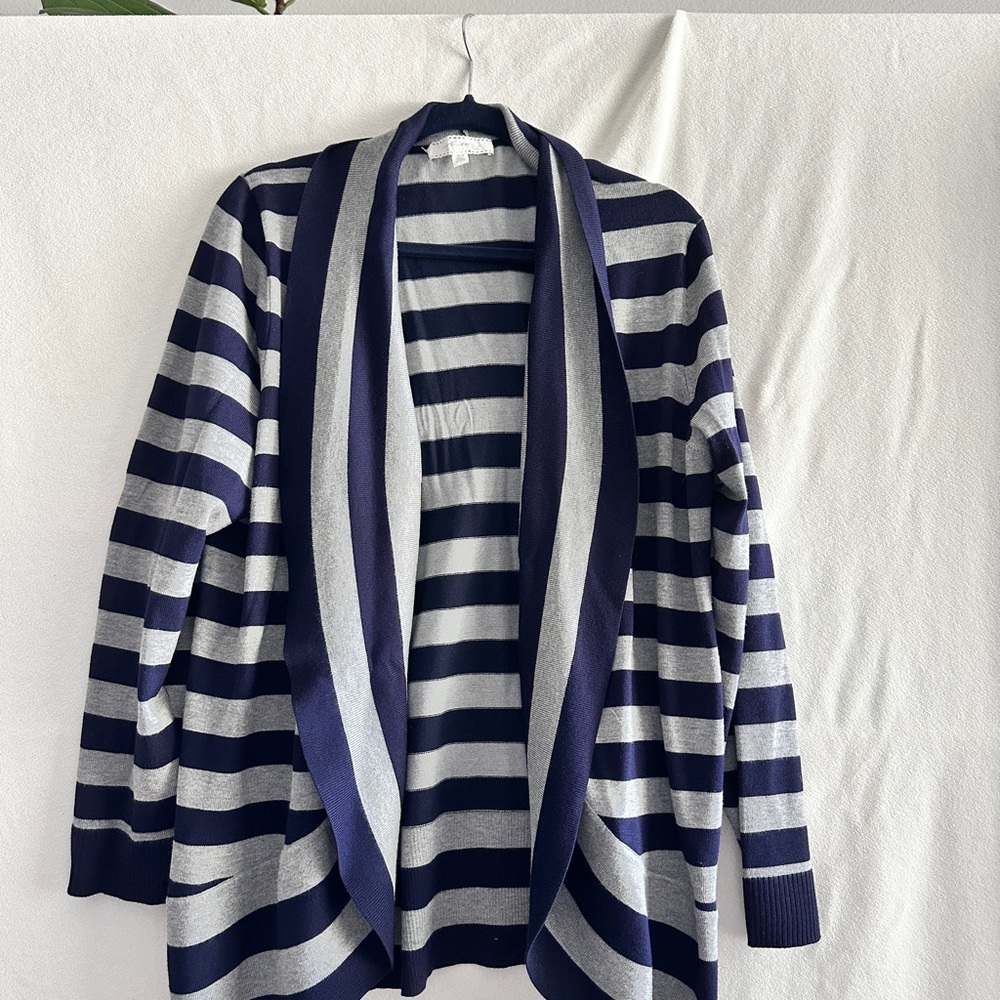 Pointelle Women's Navy and Gray Striped Cardigan